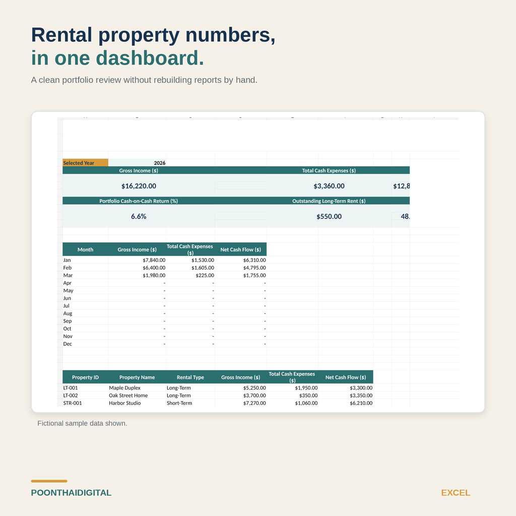 Rental property Excel dashboard preview showing portfolio income, cash expenses, net cash flow, outstanding rent, cash-on-cash return, and short-term rental occupancy from fictional sample data.