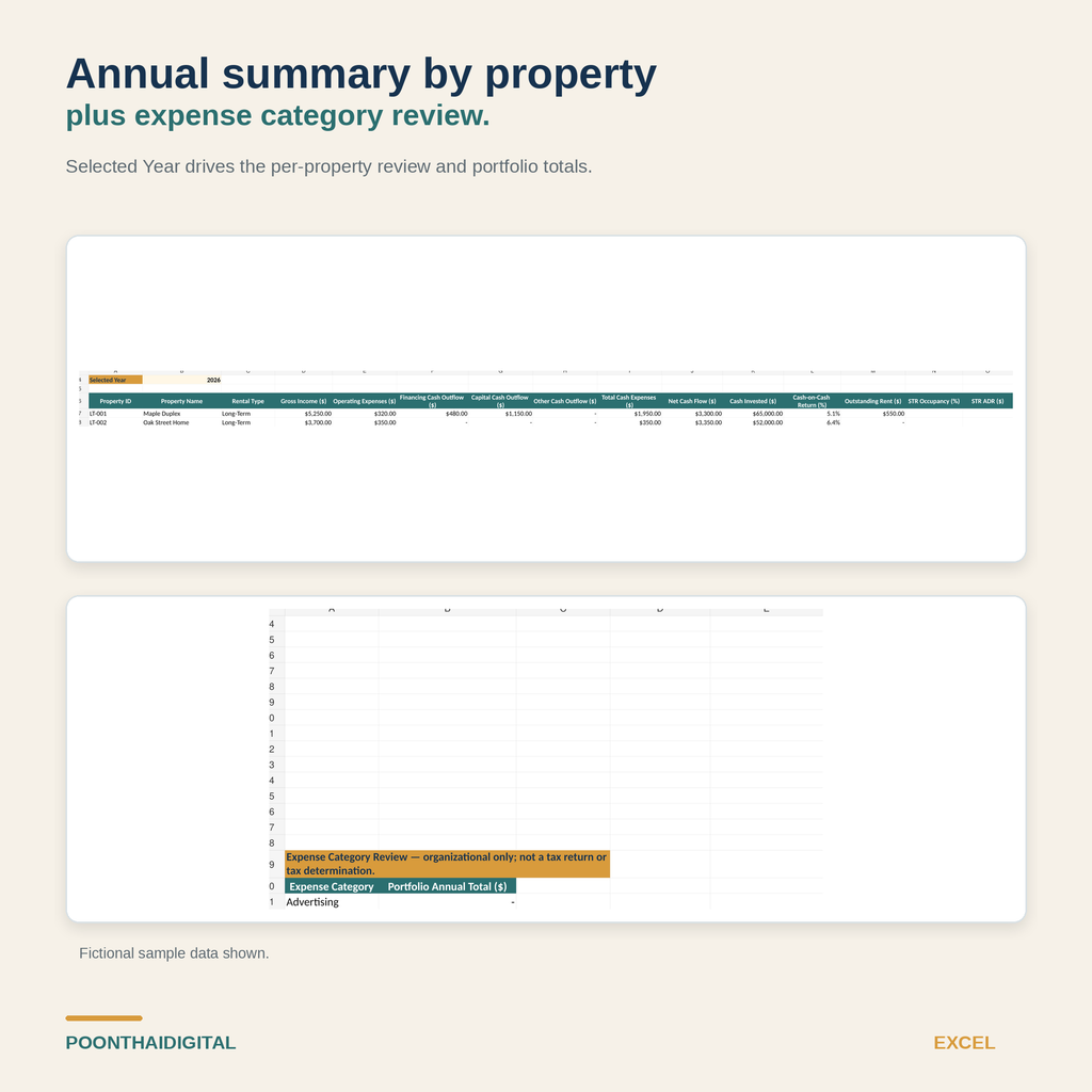 Annual Summary Excel preview showing per-property gross income, cash expenses, net cash flow, cash invested, cash-on-cash review, and expense-category totals.