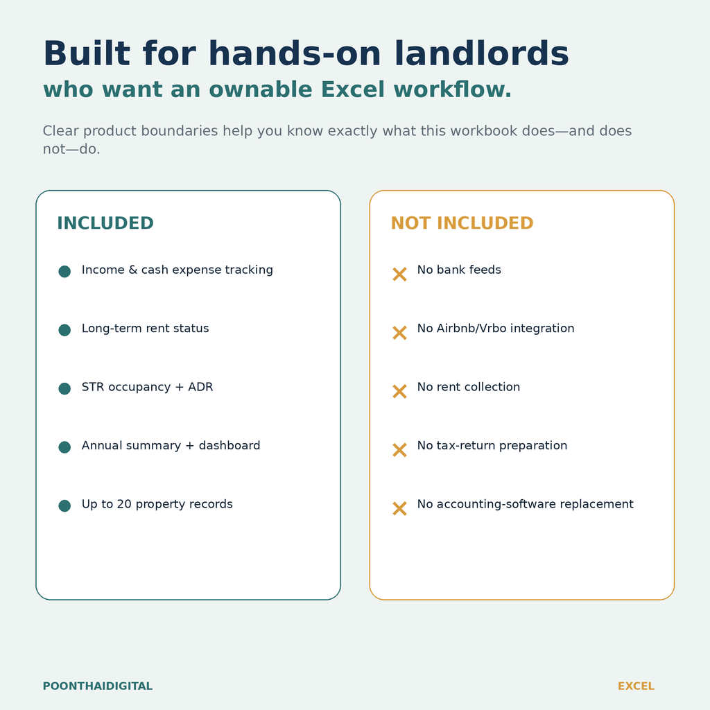 Included and not-included product boundaries for the rental tracker, covering income and expense tracking, rent status, STR occupancy, and exclusions such as bank feeds and rent collection.